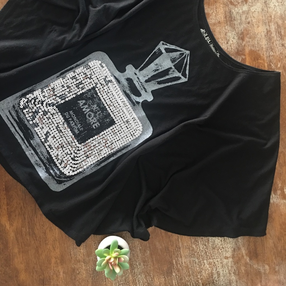 L.O.L. Vintage Black Top w/ Sequin Perfume Print